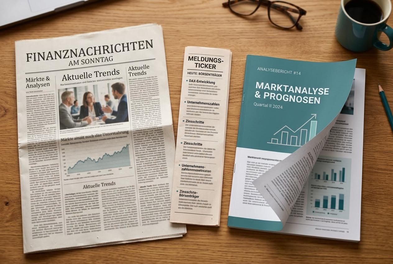 Verschiedene Formate nebeneinander: eine Zeitungsseite, ein knapper Meldungsstreifen und ein Analysebericht auf einem warmen Tisch