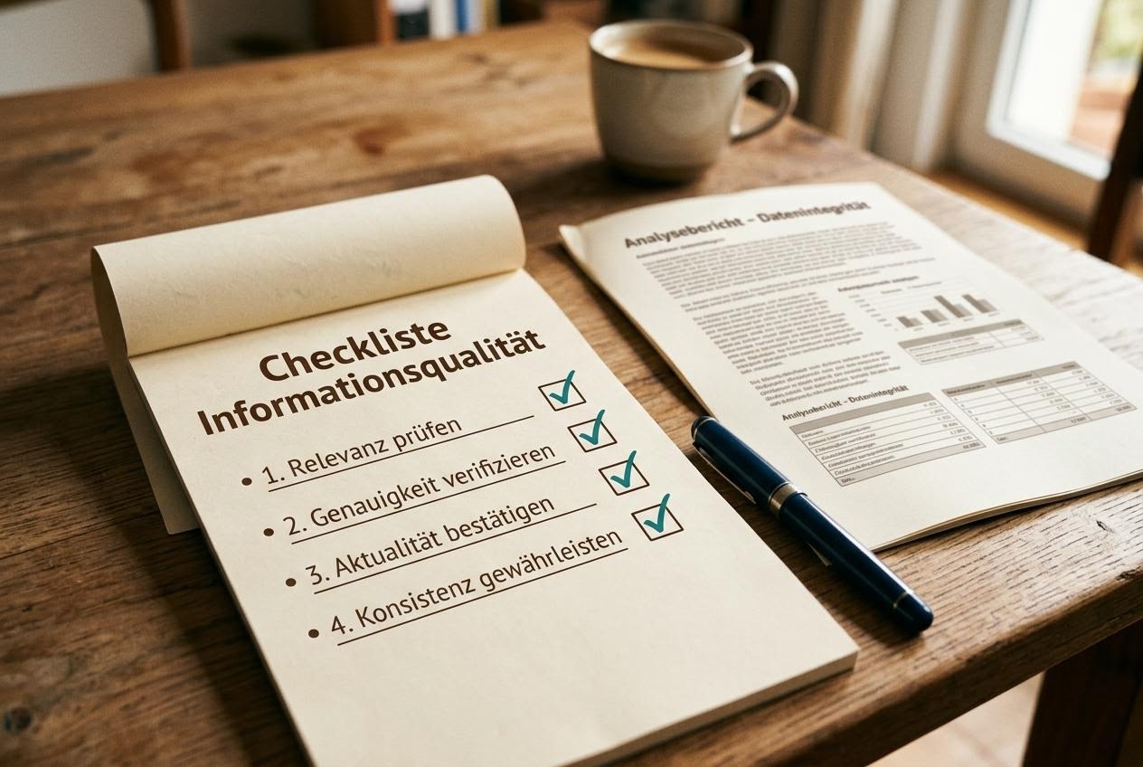 Eine Checkliste mit vier Prüfpunkten und Häkchen liegt neben einem aufgeschlagenen Bericht auf warmem Untergrund
