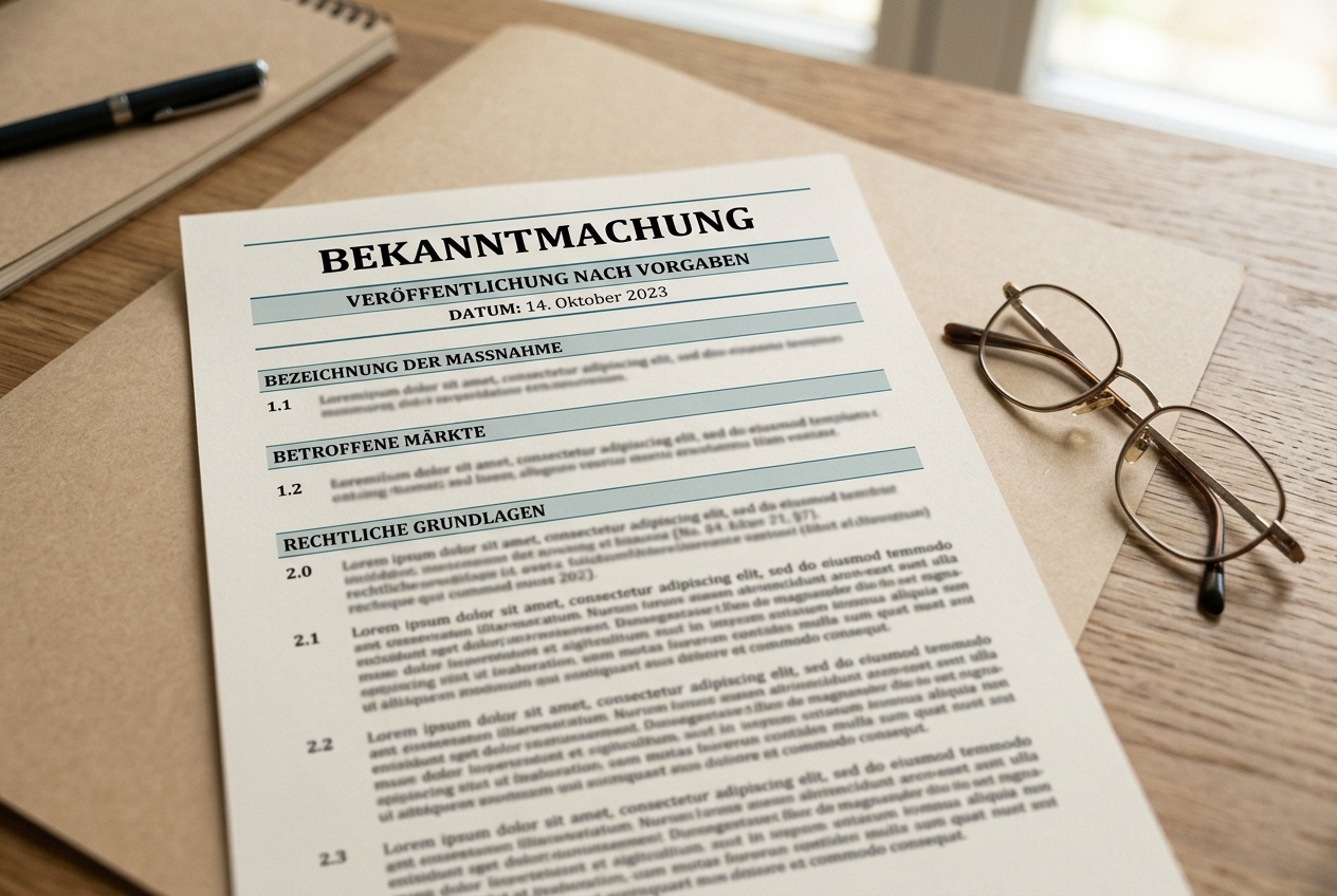 Ein amtlich wirkendes Dokument mit nüchterner Gliederung liegt neben einer Lesebrille auf einem warmen Papierhintergrund