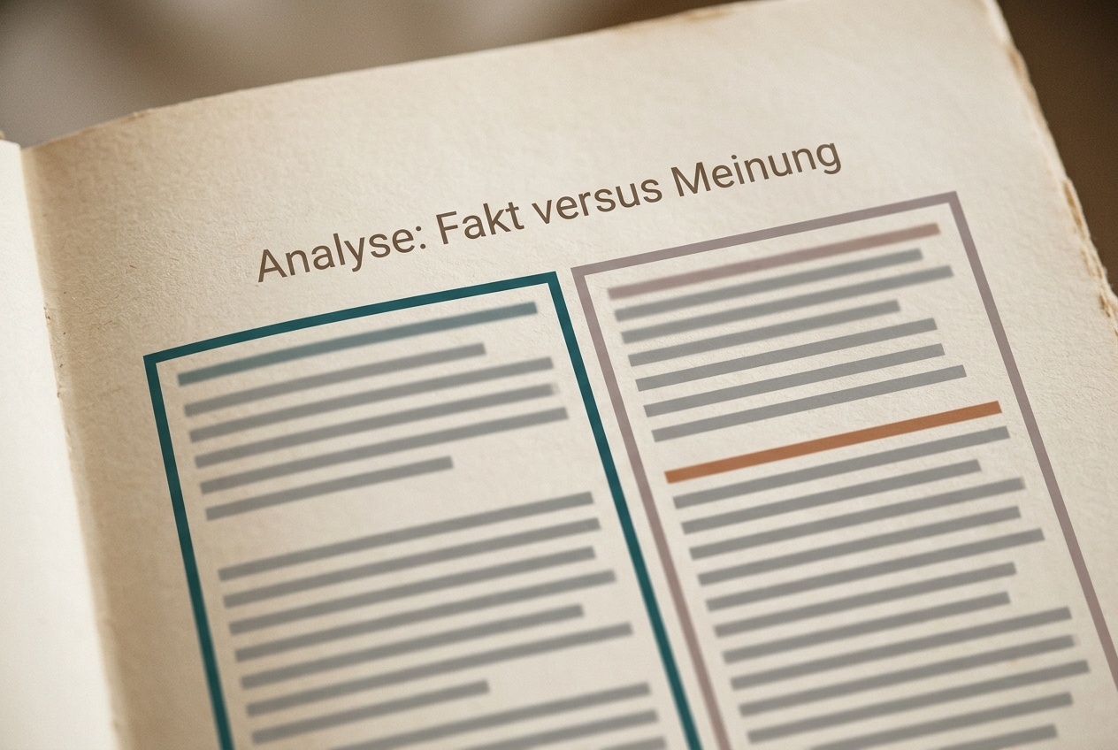 Ein Textabschnitt, in dem sachliche Sätze und wertende Sätze farblich in zwei Spalten getrennt markiert sind, auf warmem Papier