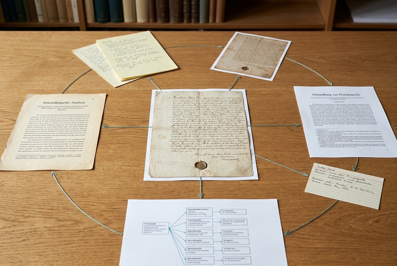 Ein Originaldokument in der Mitte, umgeben von mehreren Wiedergaben und Notizen, die als Kette angeordnet sind